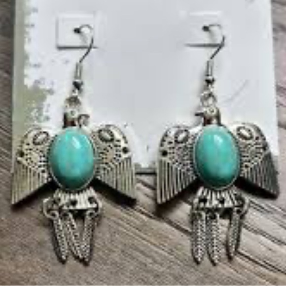 Turquoise Stone Feather Silver Bird Earrings - Picture 7 of 16